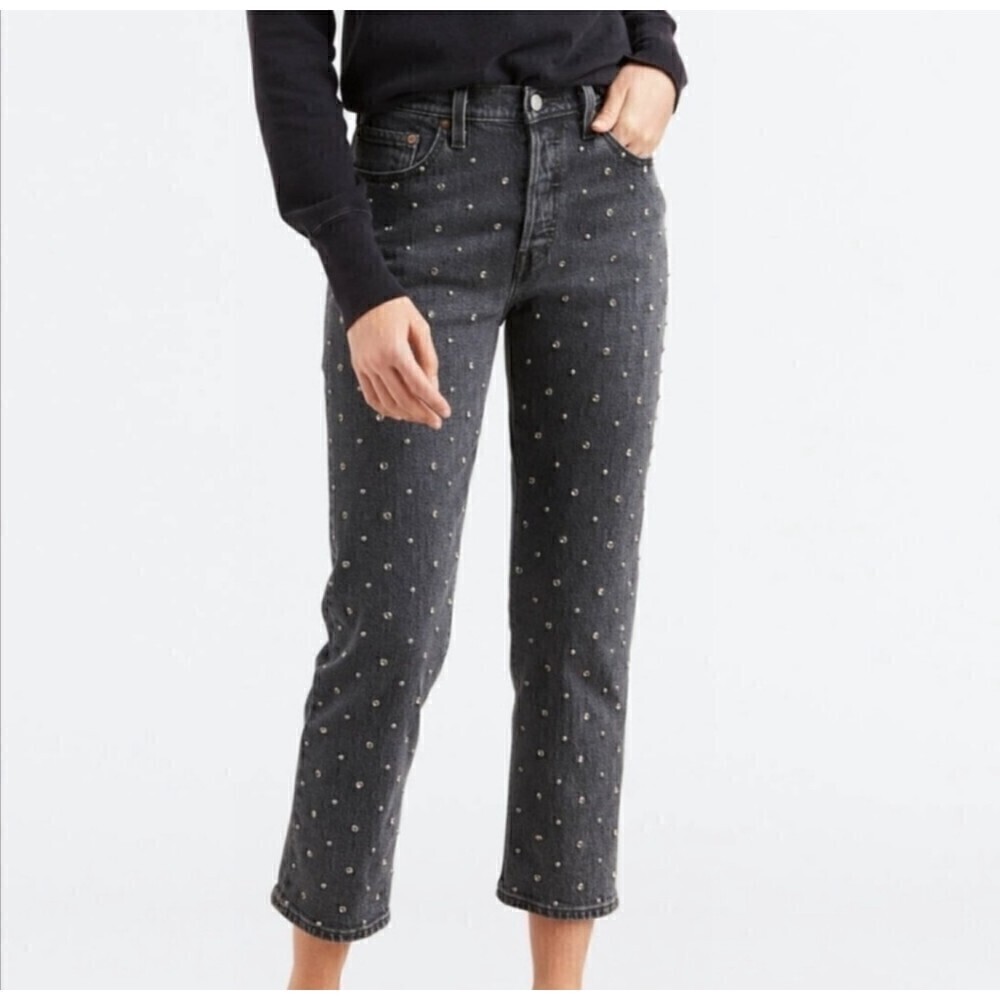 Levi's Premium 501 Original Cropped Jeans Studded Embellished Black Wash Size 25